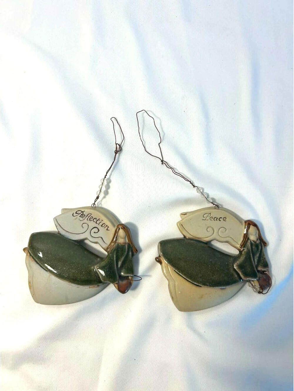 Set of 2 Ceramic Angel Ornaments – “Reflection” & “Peace” Hanging Decor | Rustic